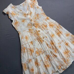 Women's Midi Tiered Floral Dress in Cream and Mustard